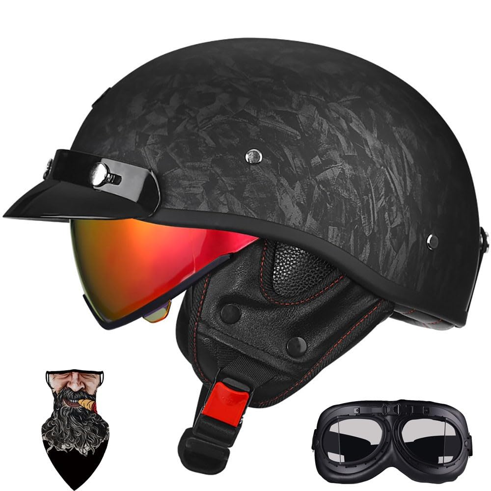 German Style Open Face Motorcycle Half Helmet ECE 22.06 Certified - Built-in Retractable Visor Detachable Peak for Adult Men/Women - Cruiser, Chopper, Scooter Motorbike Helmets