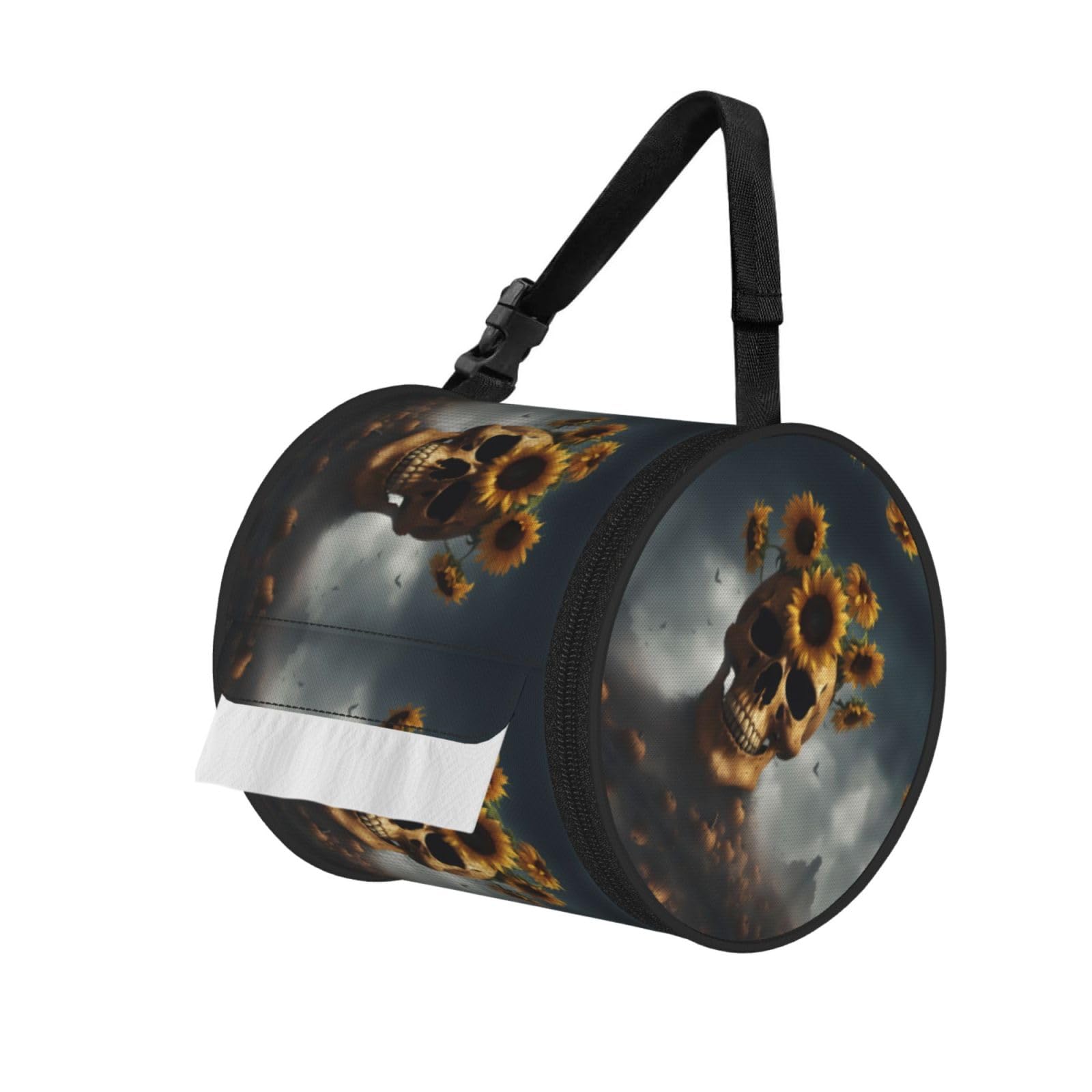 Jiuty Black Sunflower Halloween Skull Print Cylinder Tissue Organizer Bag With Strap, Portable Toilet Roll Holder For Camping Car