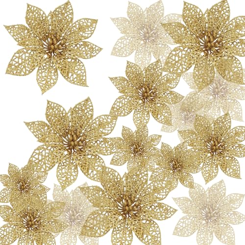 Yuqilin 24 peças flores árvore Natal 3 tamanhos flores Natal com purpurina Christmas Tree Decorations para enfeites árvores coroas natalícias ornamentos de embrulho presentes (ouro)