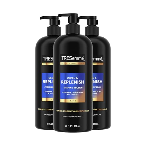 TRESemmé 3-in-1 Shampoo, Conditioner, & Detangler Clean & Replenish Pack of 3 to Cleanse, Condition, & Detangle, with Pro Vitamin C & Green Tea, 28 oz