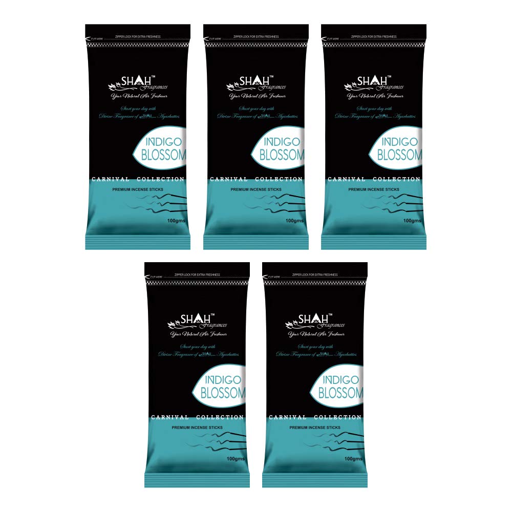 Shah Fragrances Indigo Blossom Premium Zipper Incense Sticks (Pack of 5 * 100 Grams)