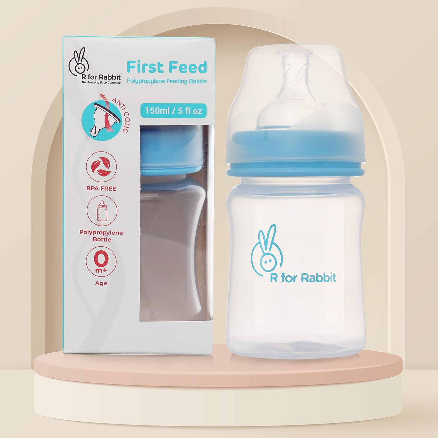 R for Rabbit First Feed 150 ml Baby Feeding PP Bottle with Anti-Colic Wide Neck, BPA Free Soft Silicone Nipple, Milk Feeder for New Born/Infants/Toddler Kids of 0+ Months (Lake Blue)