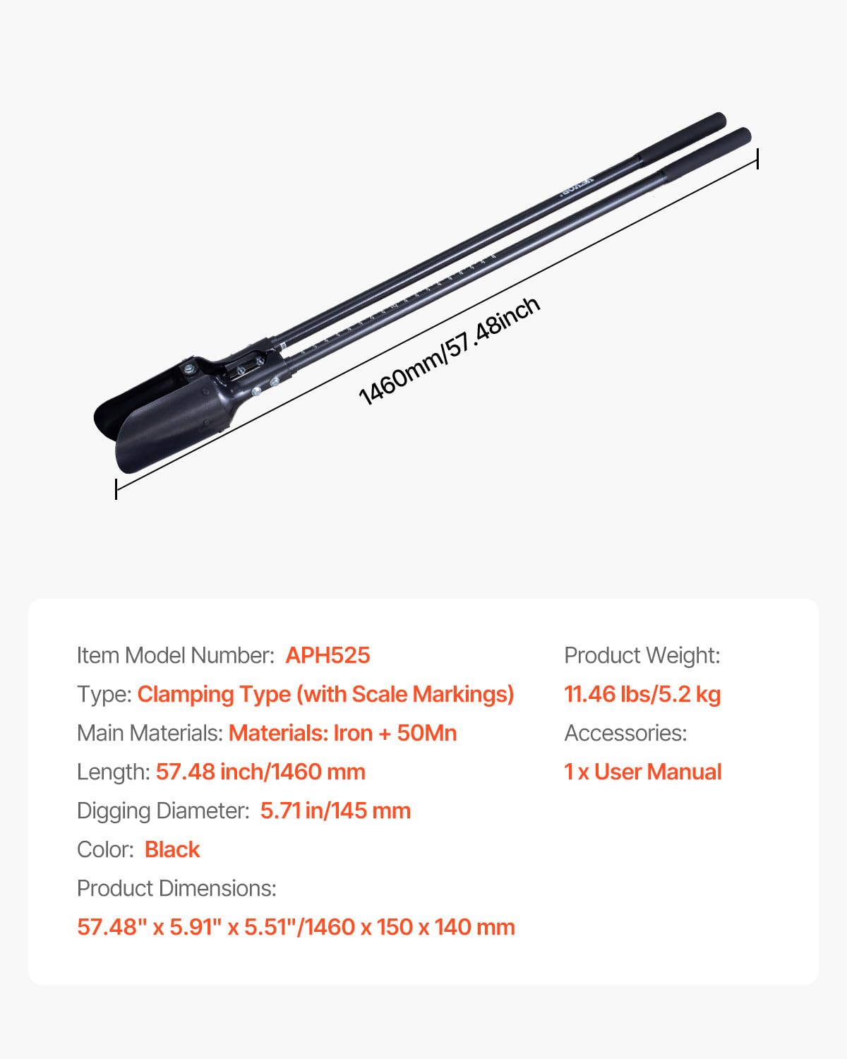 VEVOR Excavadora de Agujeros Manual para Postes Resistente con Mango de Acero al Carbono de 145 mm, Marcas de Escala y Hoja de Metal, Herramienta para Excavar Agujeros para Jardinería y Exteriores