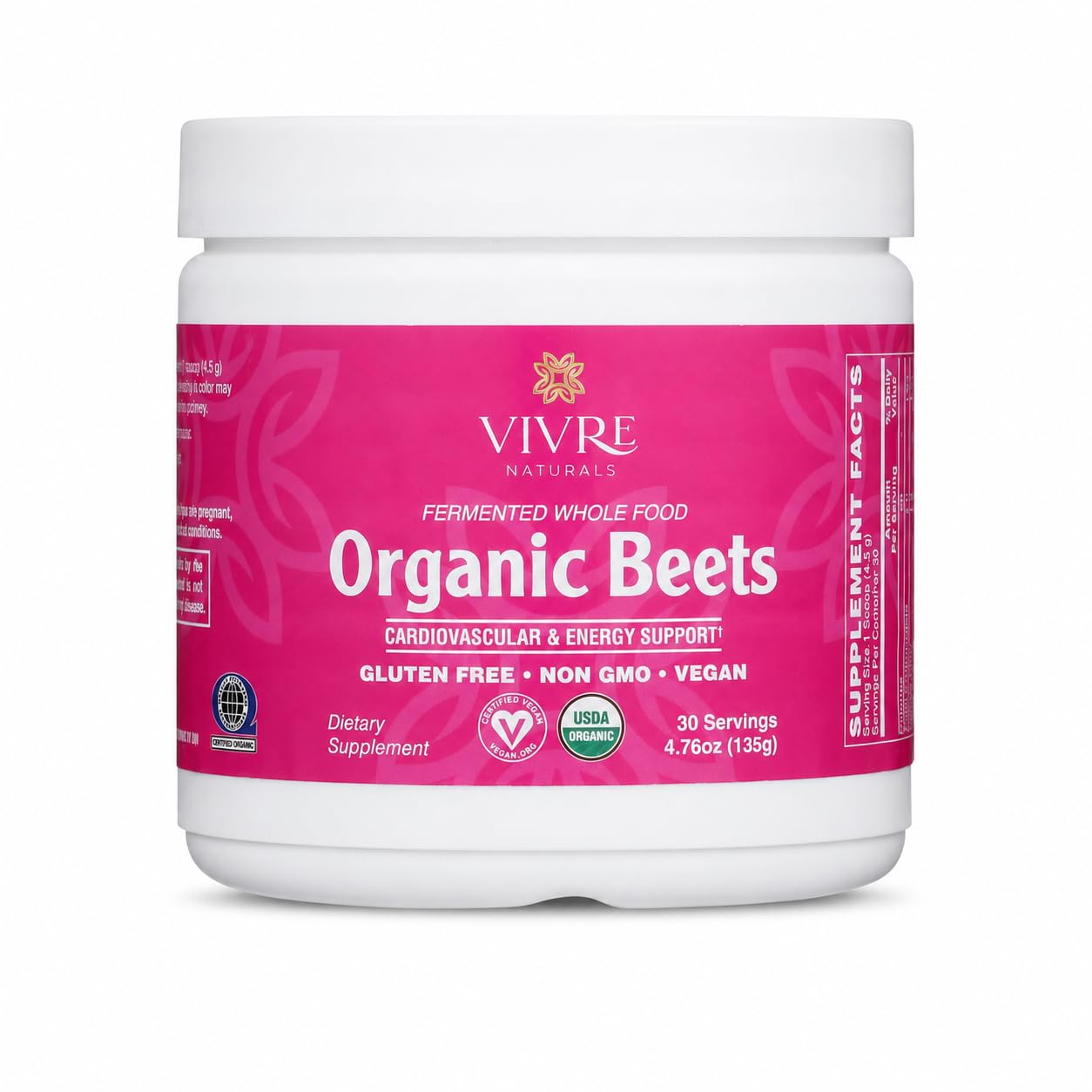 Vivre Naturals Suplemento em pó de beterraba fermentada orgânica, 4,5 g por porção, 30 porções