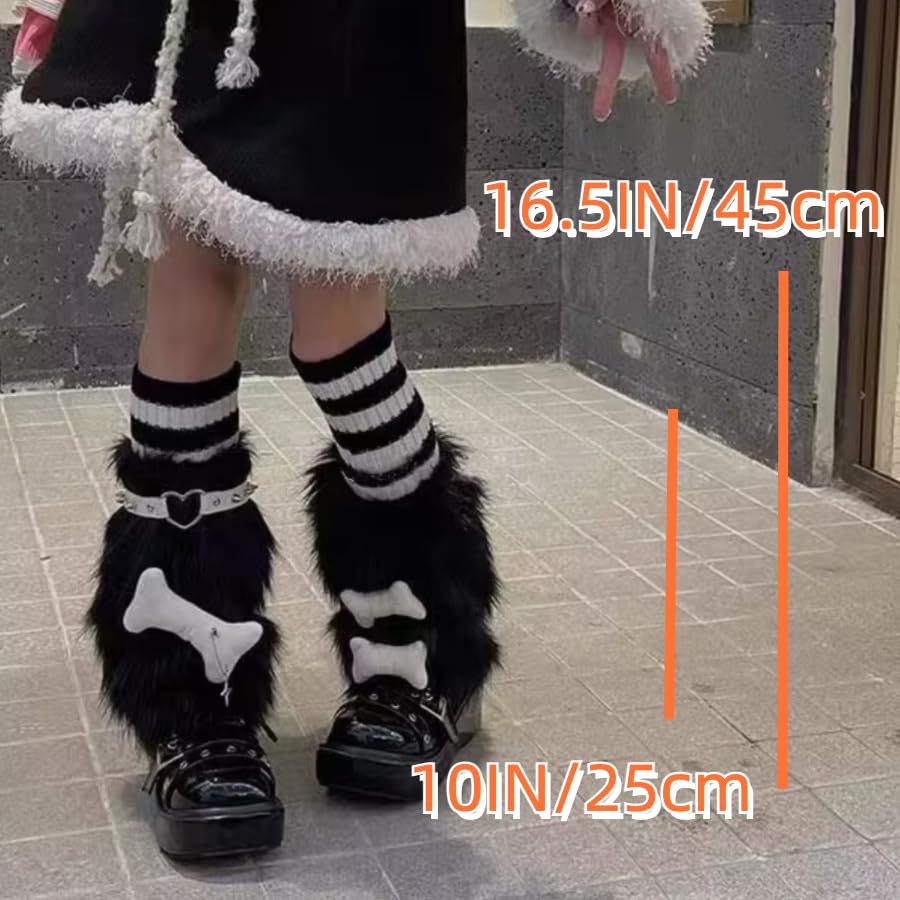 Furry Leg Warmers for Women 3in1 Kawaii Star Bone Plush Y2K Leg Socks Pink Lolita Faux Fur 80s Harajuku Punk Gothic2