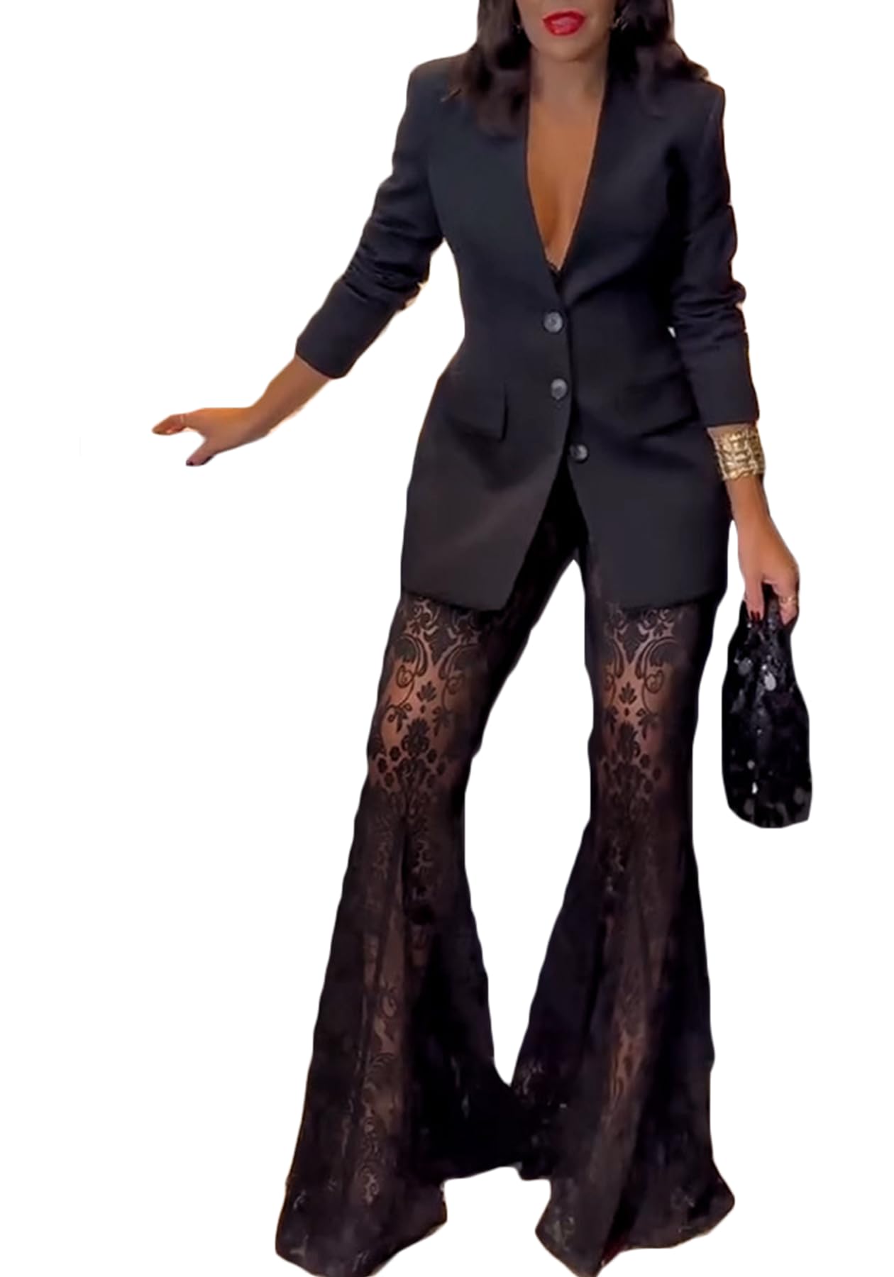 Womens Lace Pants Suits 2 Piece Long Blazer See Through Sexy Sheer Dress Pants Sets Going Out Outfits