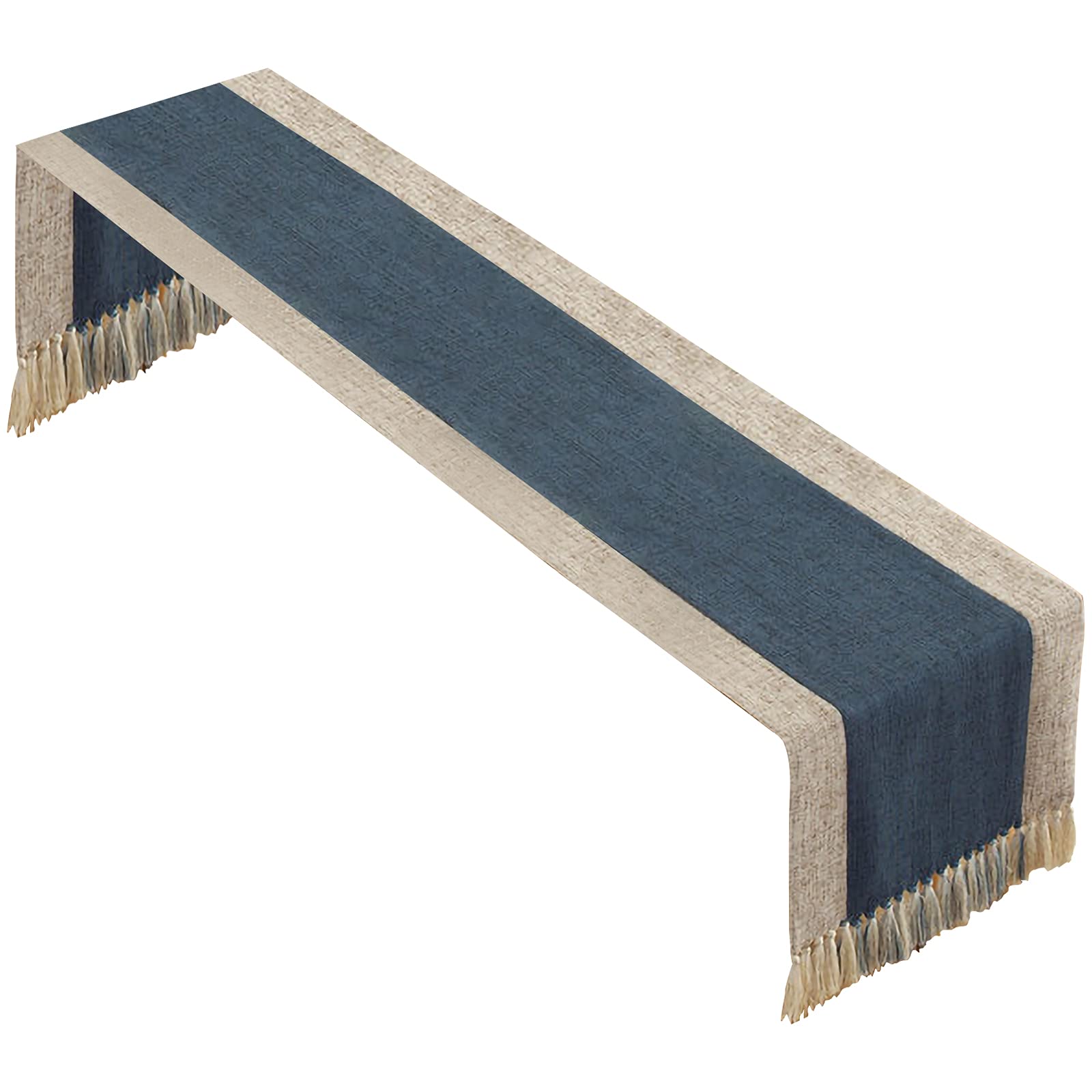 rismart Algodón Lino Camino de Mesa con Borla por Comedora Vestidor Mesa Beige Azul Marino,30_x_45_cm
