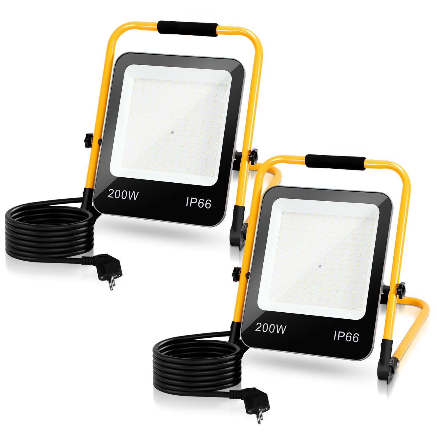 Ikodm 2 piezas 200W Foco de Trabajo LED, Foco LED Portátil con Soporte Plegable, 16000LM 6000K Luz Blanca, IP66 Focos Led Uso en Interiores y Exterior, Cable 3M con Enchufe