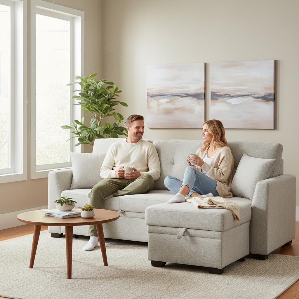 Sectional Sleeper Sofa with Pull Out Bed, L Shape Convertible Chenille Couch with Storage Chaise, 2 in 1 Pull Out Sofa Bed with 2 Seats, for Living Room, Apartment, Beige