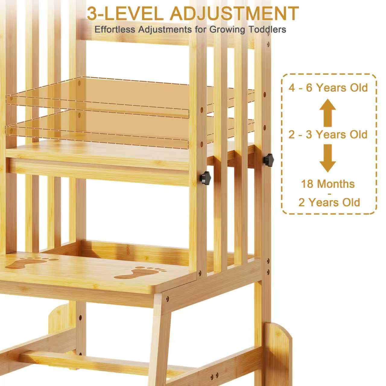 BAMBOOHOMIE Sgabello da cucina per bambini, torre in piedi regolabile in altezza con piedini antiscivolo, sgabello per l'apprendimento dei più piccoli per bancone della cucina o lavandino del bagno