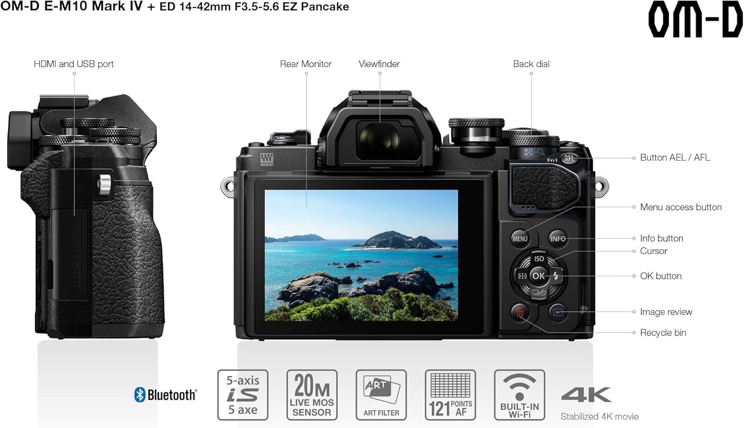 Kit d'appareil Photo Micro Four Thirds Olympus Om-D E-M10 Mark IV,capteur 20 MP, viseur électronique, vidéo 4K, Wi-FI, Noir - Comprend l'objectif M.Zuiko Digital Ed 14-42mm F3.5-5.6 EZ Pancake Argent