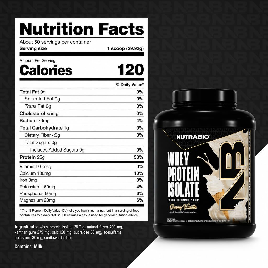 NutraBio 100% Whey Protein Isolate Protein Powder, 25g Protein with Complete Amino Acid Profile, Non-GMO, Soy & Gluten Free, Low Carb, Low Calorie Whey Protein Powder, Creamy Vanilla, 50 Servings — Amazon image 8