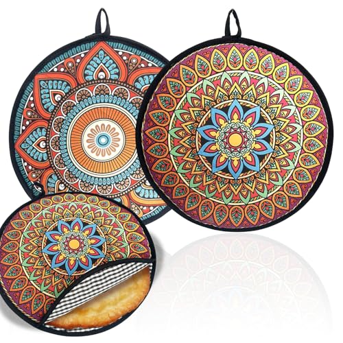 2 Pack 12 Inch Large Tortilla Warmers | Mandala Pattern Insulated Microwaveable Fabric Pouch | Keeps Tacos, Naan, Pizza & Flour Tortillas Warm