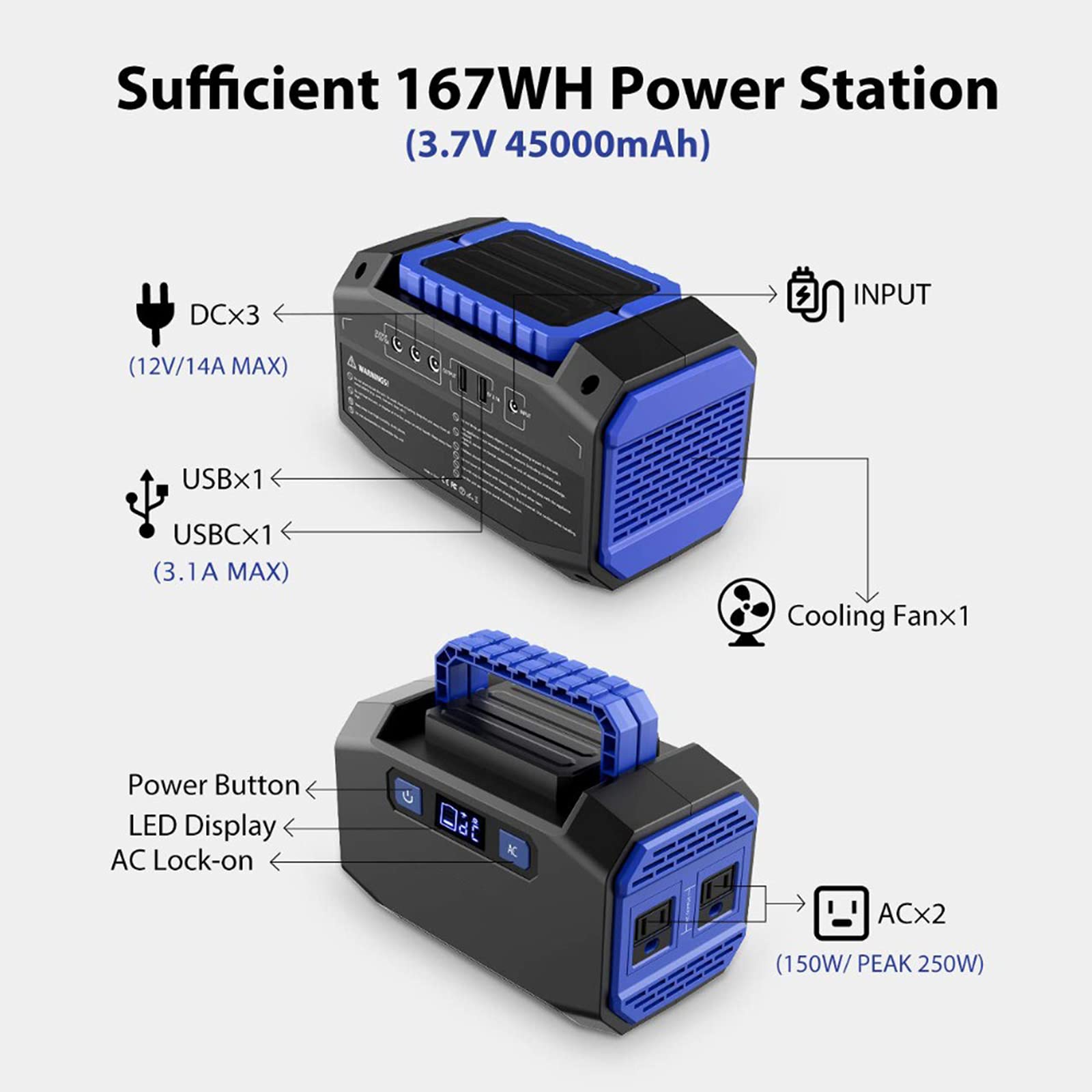 Central Eléctrica Portátil De 150 W, Generadores De 45000 Mah, Fuente De Alimentación De Batería De Litio con Toma De CA, Puertos CC, Puertos USB, Monitor LED, para Emergencias Al Aire Libre