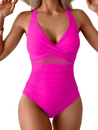 Eomenie One Piece Swimsuit for Women Tummy Control Mesh High Waisted Bathing Suit Wrap Tie Back Swimwear