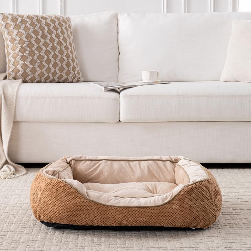 Happy Pets Luxury Orthopedic Pet Bed, Wide Stripe, Brown or Dark Gray Square Nest Bolster Design, Machine Washable Cover, for All Breeds (Brown, 35" x 25" x 9")