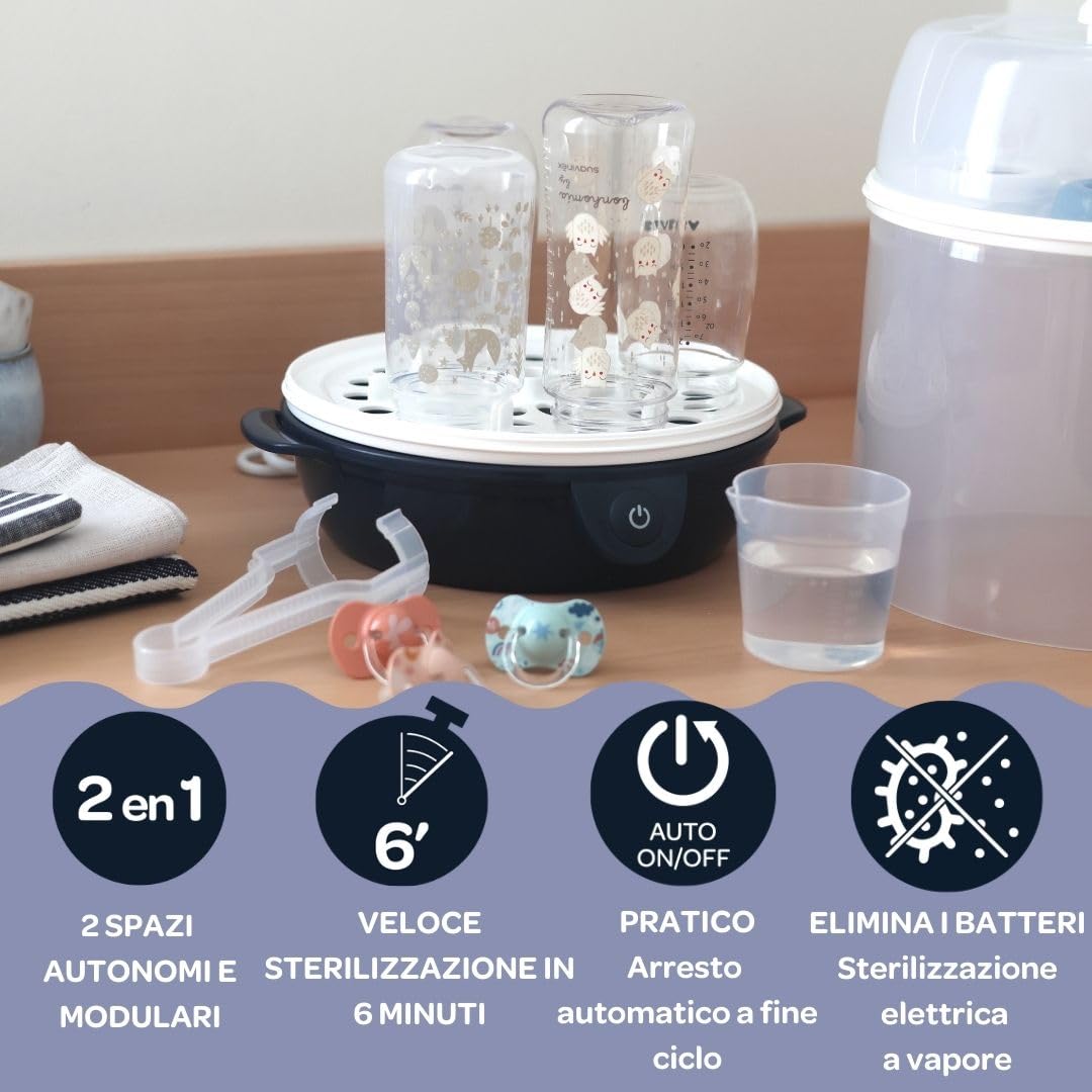 Béaba Sterilizzatore per biberon 2 in 1, Evolutivo, elettrico a vapore, 2 in 1, 2 scomparti, fino a 8 biberon e accessori, ultra rapido, timer, Steril'Express, blu notte
