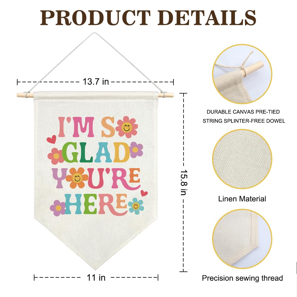 AGMDESIGN I'm So Glad You're Here Canvas Hanging Pennant Flag Banner, Inclusive Classroom Decor, Home Office School Classroom Kids Room Nursery Canvas Flag Decor, Back to School Gift for Teachers