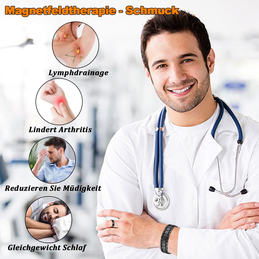 Lymphdrainage Magnetarmband Herren Ultrastarke Magnete Reines Titan verstellbar mit Entnahmewerkzeug und Geschenkbox (Schwarz)