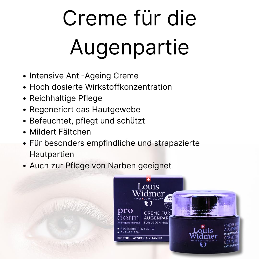 Louis Widmer proderm Creme für die Augenpartie unparfümiert 3x 30 ml I intensiv Anti-Ageing I Feuchtigkeit I regenerierend I für empfindliche Haut mit Panthenol I Spar-Set plus Pharma give-away