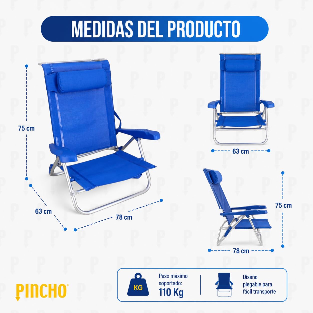 Pincho Silla Playa Plegable Ligera, Reclinable Azul con Cojin, Estructura Aluminio Resistente y Ligera, Asiento Bajo Comodo, Diseno Plegable con Reposabrazos – Ideal Verano y Jardin (2)