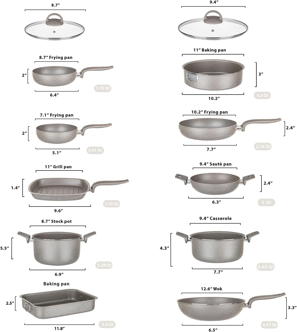 12Pcs Cookware set, Made in Italy pots and pans set, Nonstick kitchen set, Greblon nonstick coating, Healthy & PFOA/GenX-free, Oven-safe baking pans, Grey (12 Piece)