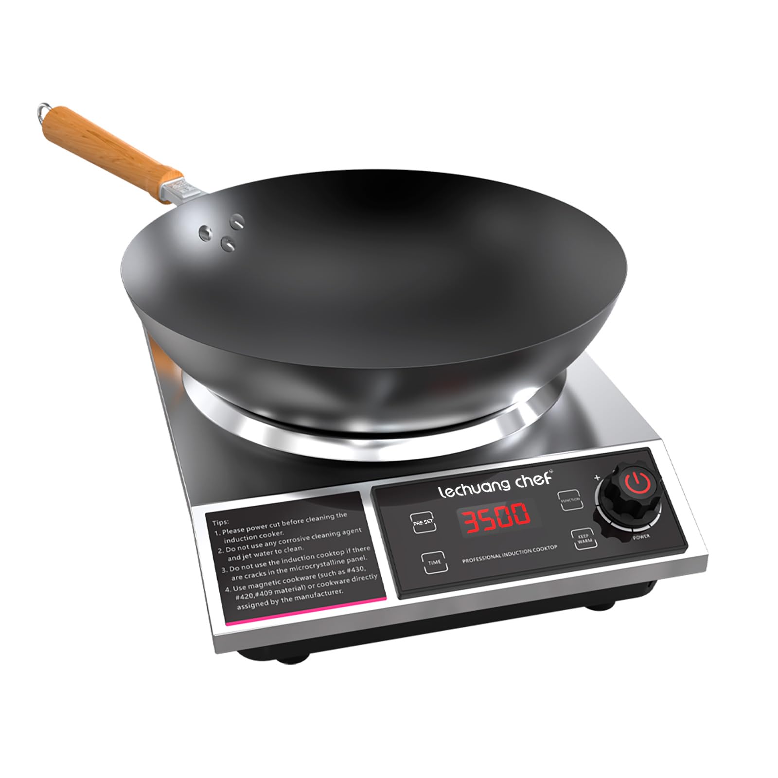 Lechuang Chef 3500W Induction Cooker with Wok, Induction Hob with Upgrade Hot Plate, 24-Hour Timer and Preset Functions, 50 KG Load Capacity, 11-Level Power and Temperature setting - 3