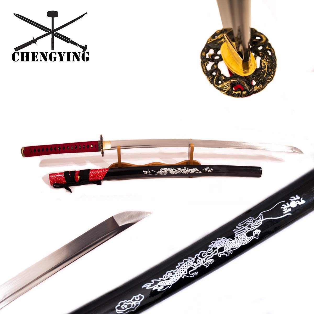 1060 Steel Oil quenching Katana Sword Chinese Dragon Style red and Black Theme