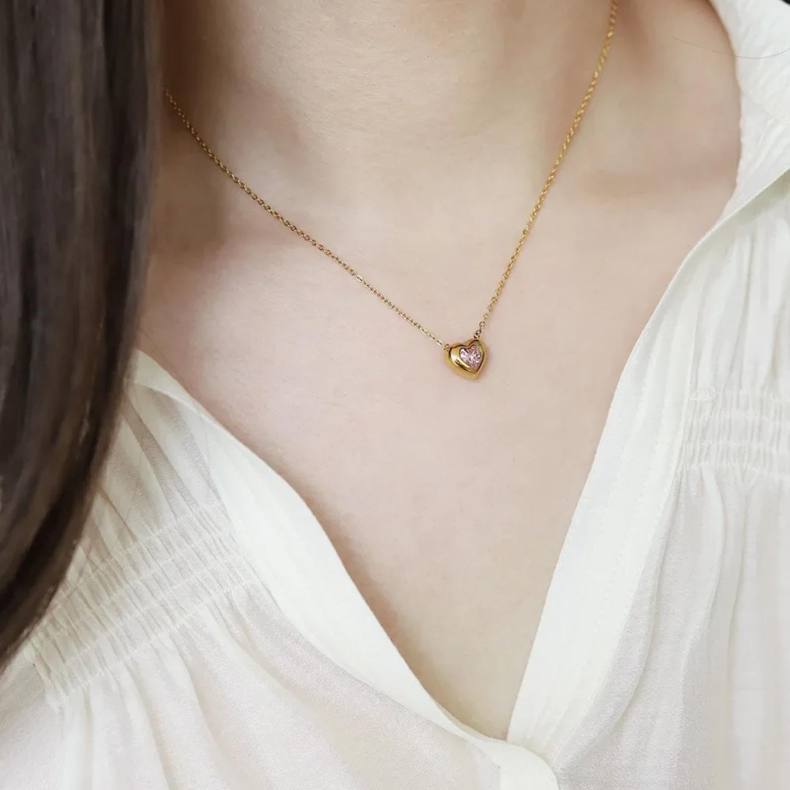 Mini collana con ciondolo a forma di cuore, rosa, grazioso, da donna, gioiello per amore