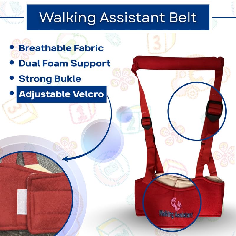 Image of Baby Walking Assistant Safety Harness | Adjustable Toddler Belt with Dual Foam Chest Support | Lightweight Infant Walking Helper | Baby Learning Walking Aid for Boys & Girls|Color-RED
