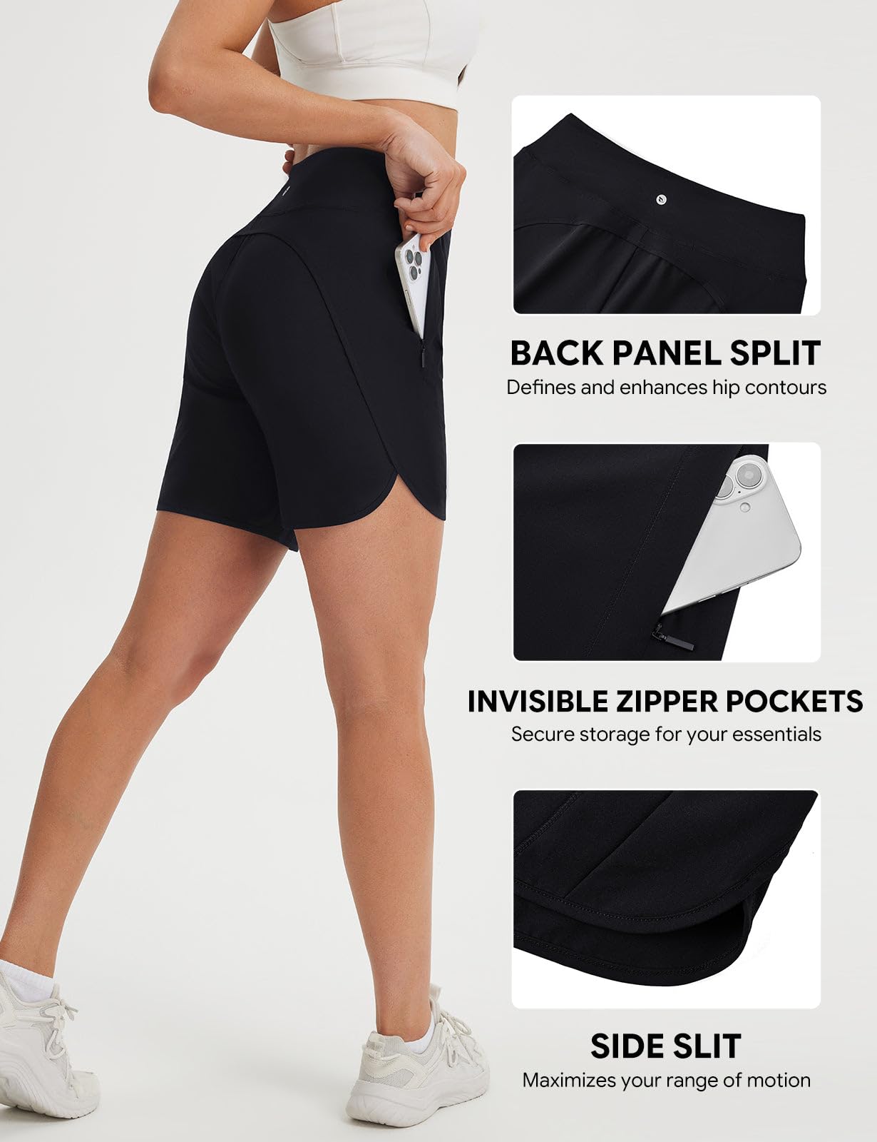 baleaf Laufshorts Damen 18cm Kurze Sporthose Sommer Laufhose Schnelltrockene Hohe Taille Workout Fitness Wanderhose mit Reißverschlusstasche