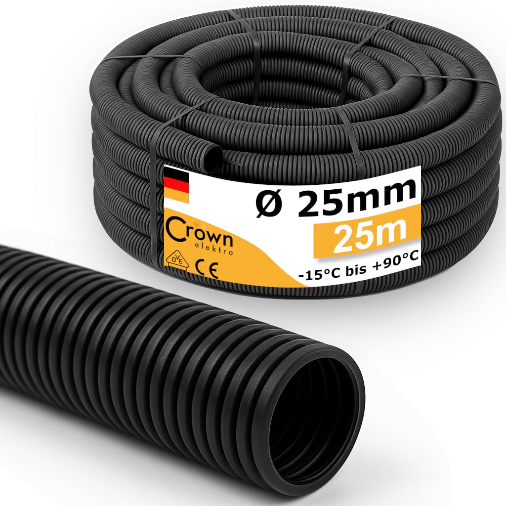 Wellrohr M25 UV-Beständig | 25m Leerrohr ungeschlitzt - Innendurchmesser 17,4mm - Flexrohr Kabelschlauch für Erdkabel nach DIN EN 61386-22 flammwidrig, flexibel für leichte Kabelverlegung
