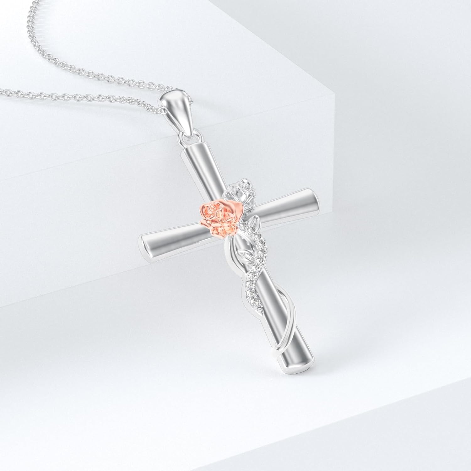 Diamond Cross Necklace for Women 925 Sterling Silver Rose Flowers Cross Pendant Jewelry Gifts for Mom Wife Girlfriend Her - Image 3