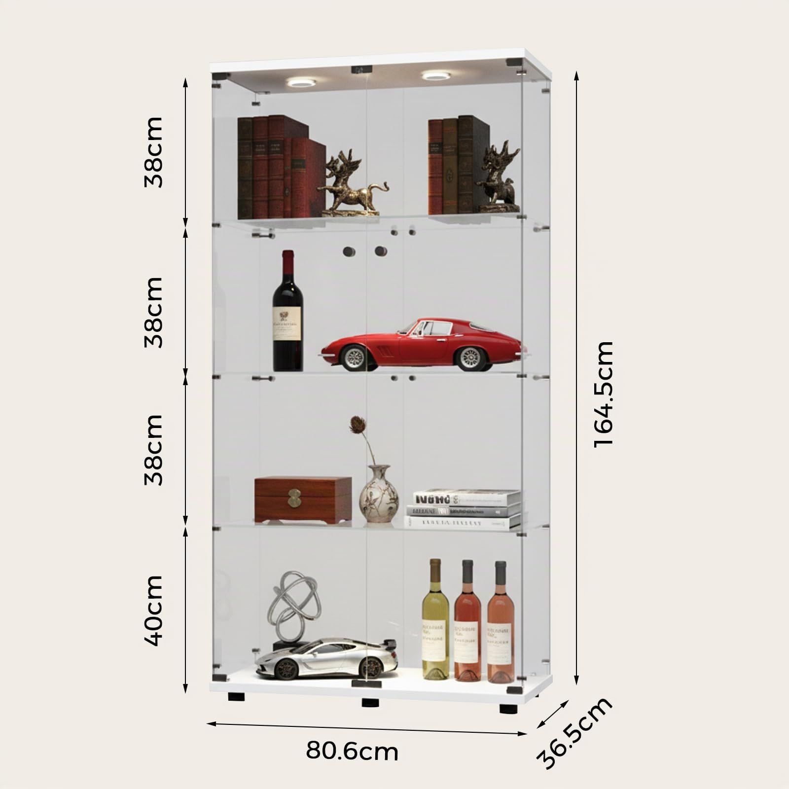 Vitrina de Cristal con iluminación LED, Color Blanco, 80,6 x 36,5 x 164,5 cm, Dos Puertas con Cerradura, Vitrina de Cristal de pie con 3 estantes de Cristal, Vitrina para salón, Dormitorio