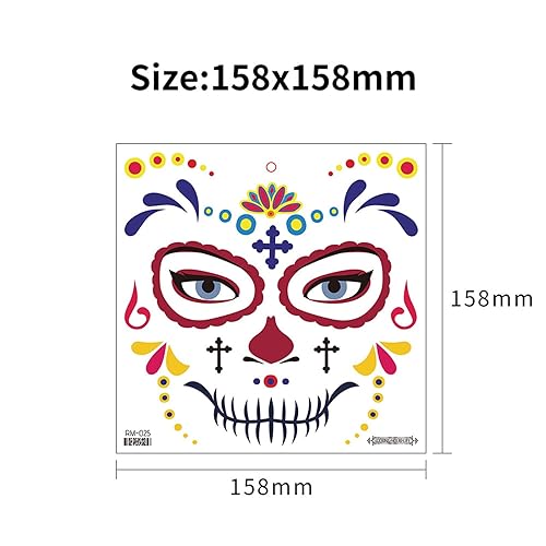 Miniatura 6 de Calcomanías temporales de tatuaje de cara de Halloween, Día de los Muertos, disfraz de calavera de azúcar, máscara de esqueleto negro floral para