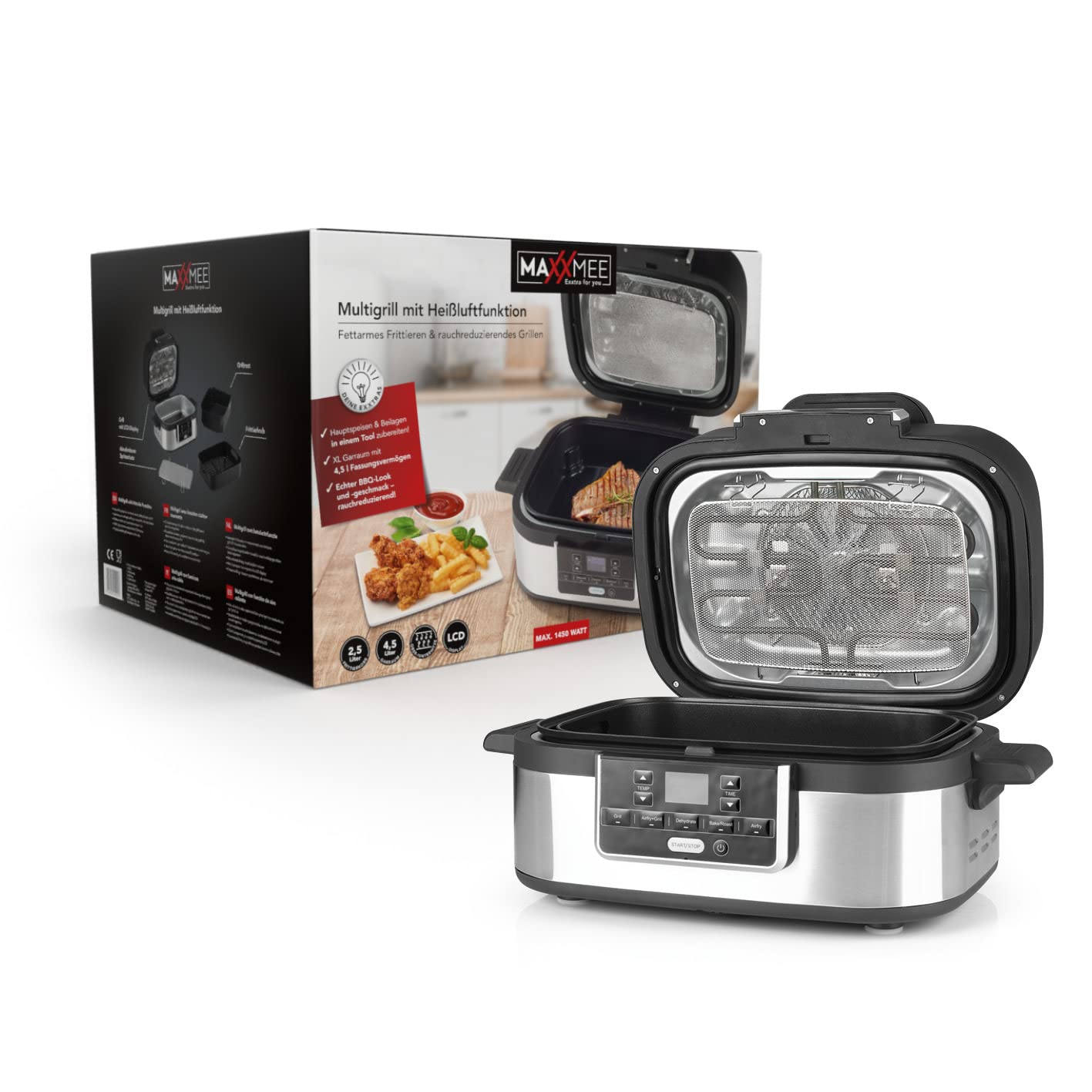 MAXXMEE Multi-Grill mit Heißluft-Funktion 1500w | Ober-/Unterhitze Tischgrill Antihaftbeschichtung | XL Garraum 4,5L zum Perfekten BBQ Look | 5 Programme & LED Display [Schwarz Silber/Kunstoff Stahl]