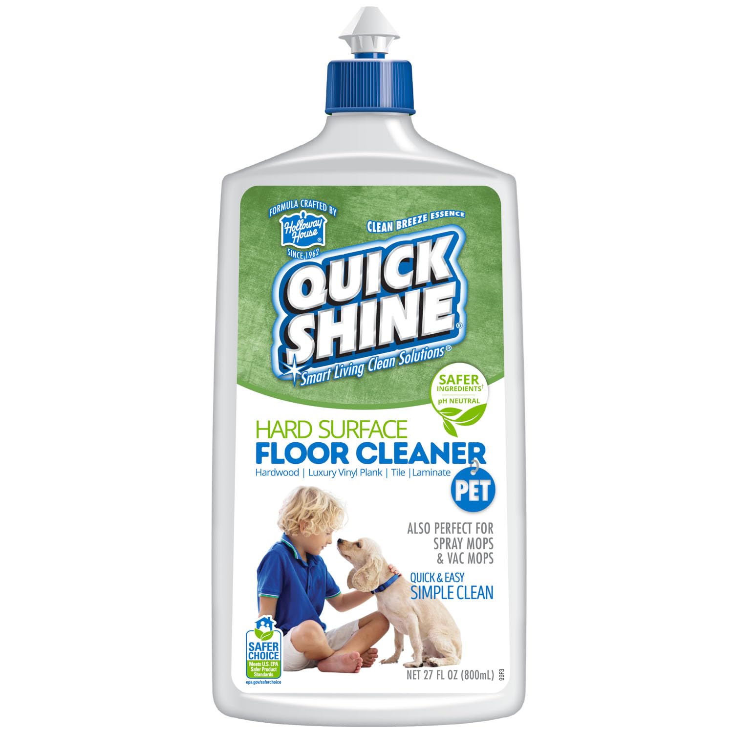 Quick Shine Limpiador de suelos para mascotas a base de plantas, 27 onzas, listo para usar, elimina la suciedad, sin rayas, sin enjuague, madera dura, laminado, tablón de vinilo de lujo LVT y