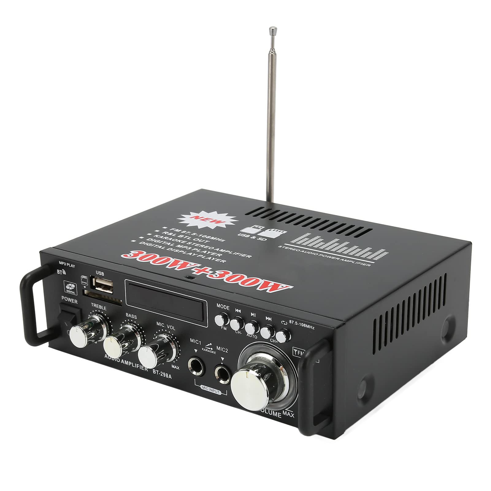 Amplituner Stereofoniczny o Mocy 80 W X 2 z funkcją, regulacją Tonów Niskich i Wysokich, Gniazdem Słuchawkowym, Pilotem i Ekranem LED (Wtyczka UE 220 V)