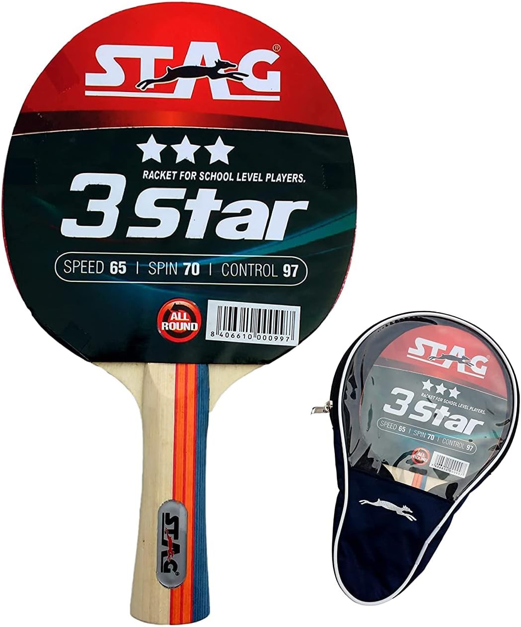 STAG Wood 3 Star Table Tennis Racquet 148 grams Beginner ITTF Approved Rubber (Multicolor)