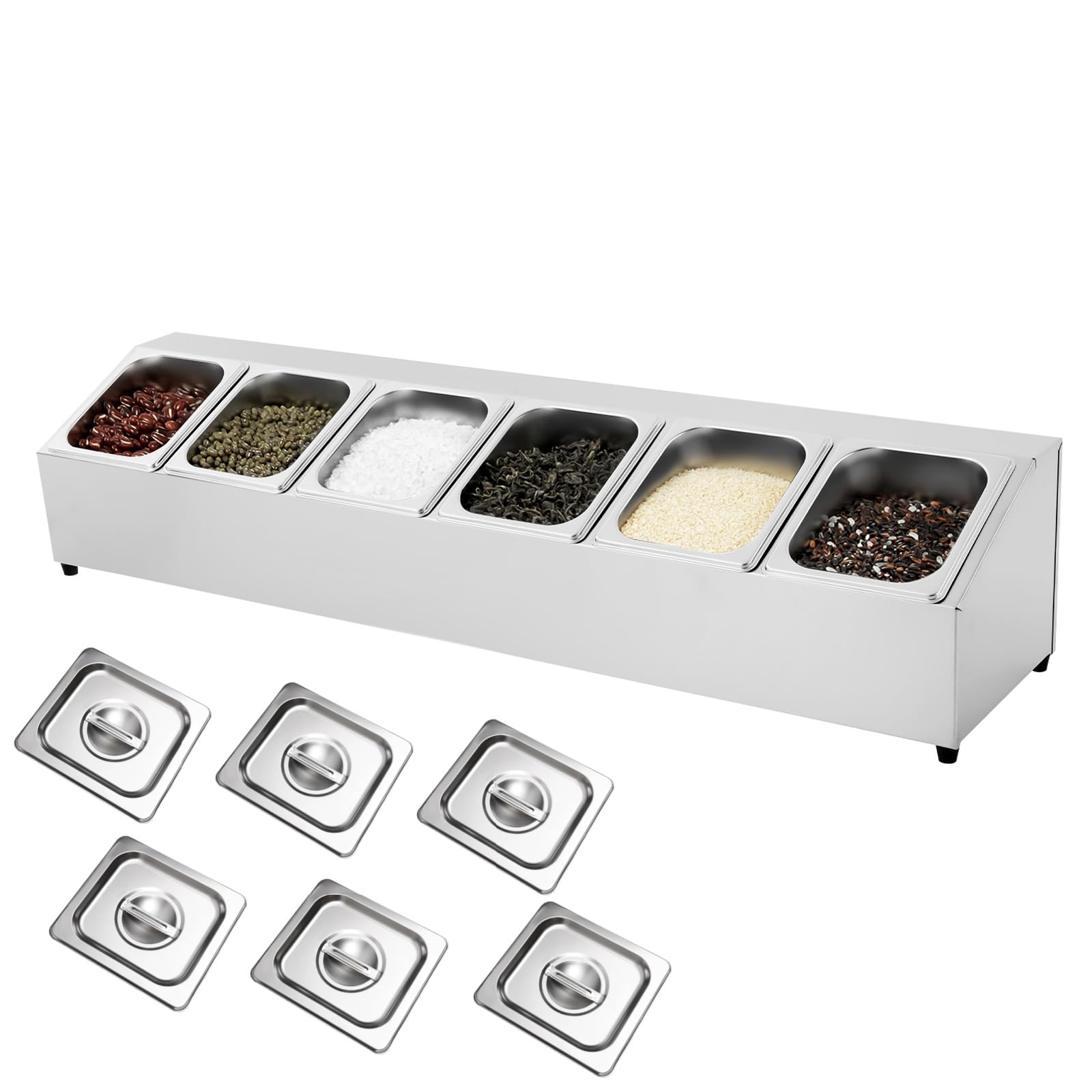 Contenitore per condimenti in acciaio inox, 6 scomparti per pizza con coperchio, 6 x 2 l, contenitore rimovibile per condimenti e guarnizioni, dispenser per salse a buffet, porta frutta per bar, casa