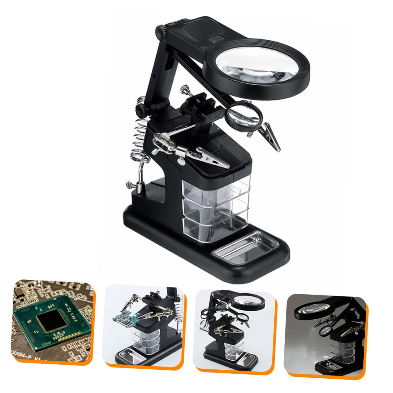 Ipetboom Estación de Lupa de Sobremesa LED Soporte Ajustable, Aumento 3X, Luz Regulable para Soldadura Electrónica y Modelismo, 3 Cajones de Almacenamiento, Uso Profesional en Taller Negro