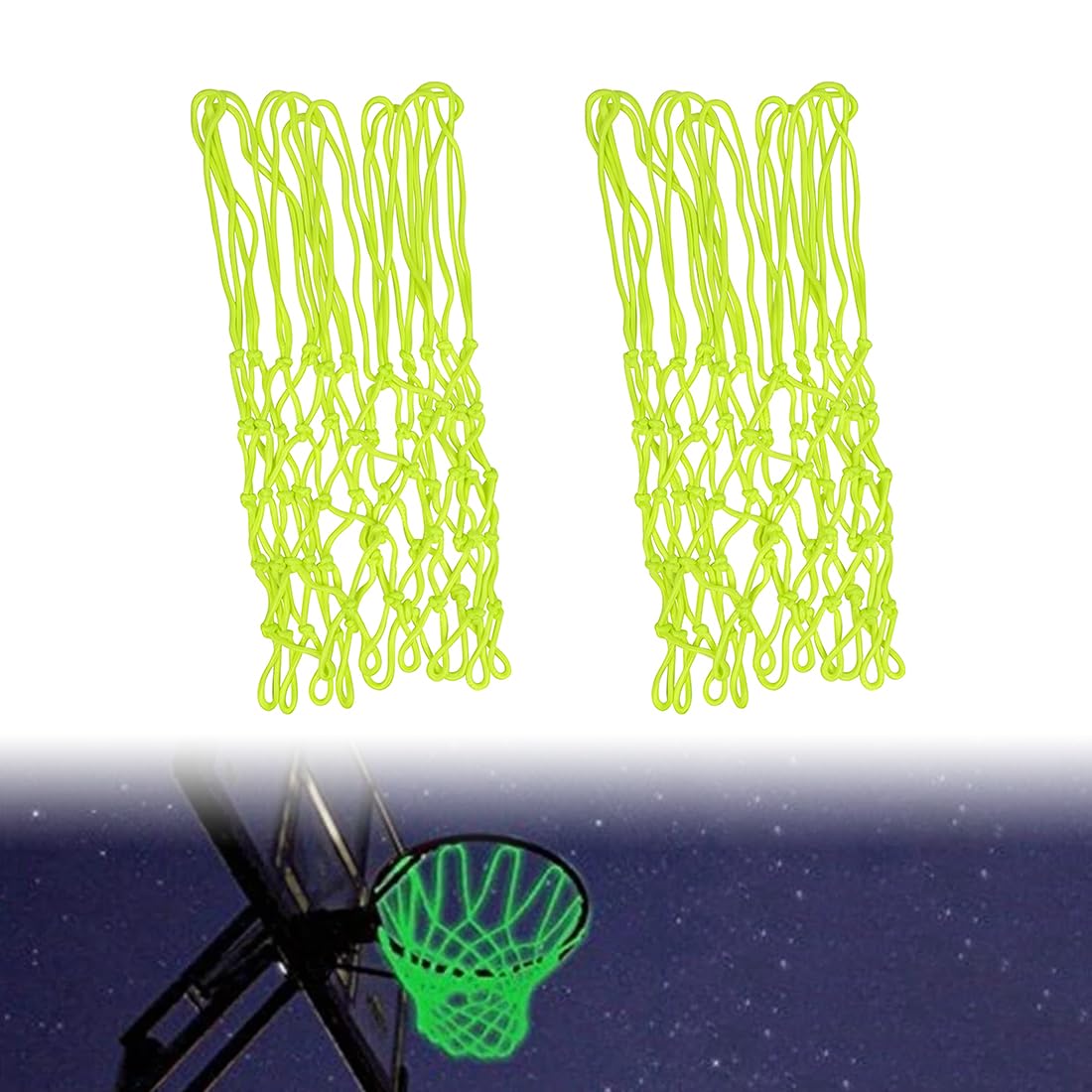 Rete da Basket per esterni, 2 pezzi, rete da Basket in nylon, verde fluorescente, per sport indoor e outdoor, attività notturne