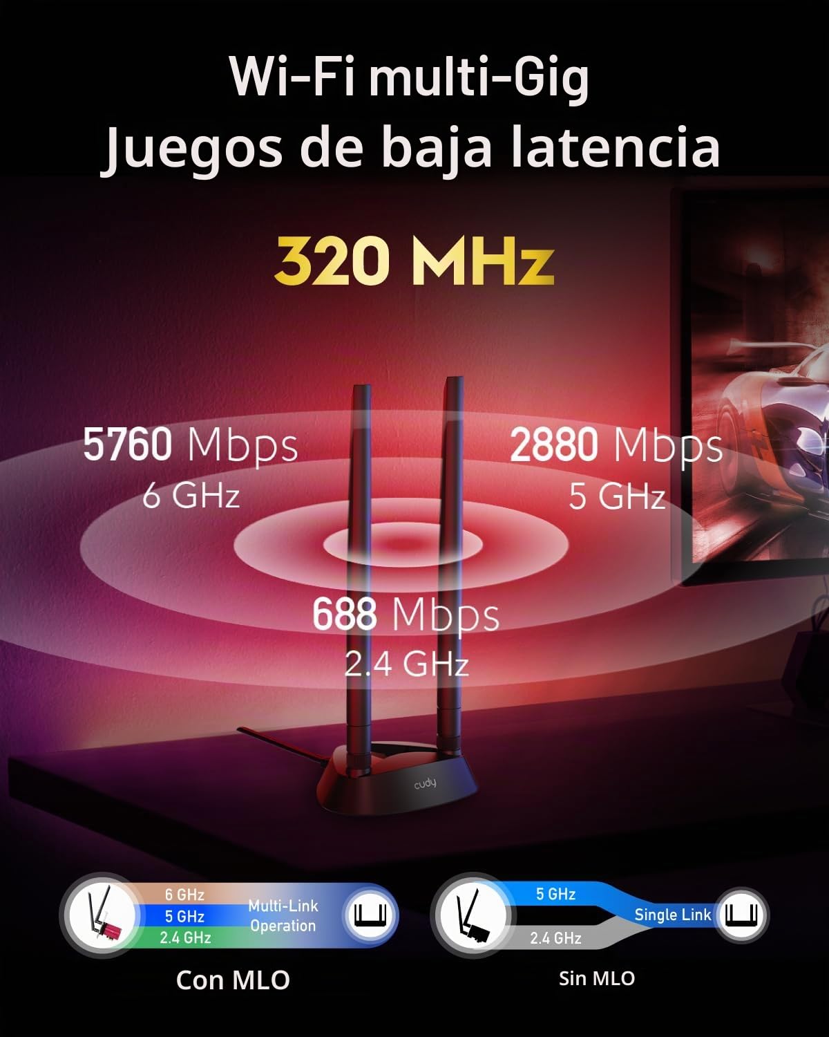 Cudy Tarjeta WiFi 7 WE9300S PCIe WiFi para PC, Adaptador Inalámbrico de Tres Bandas, 6 GHz, Chipset Intel BE200, Bluetooth 5.4, Antena de Alta Ganancia, No Compatible con Plataformas AMD