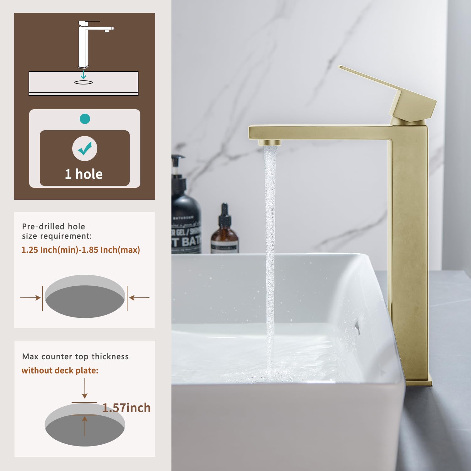 Vessel Waschbeckenarmatur Einloch-Wasserfall | Gold, Einhand-Mischer Mit Pop-Up-Ablauf | Inkl. Wasserschläuche, 1,2 GPM