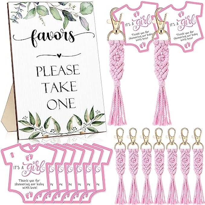 Sasylvia Baby Shower Favors for Guests 18 Pcs Boho Macrame Keychains 18 Pcs Thank You Tags and Display Board for Baby Shower Party Gifts Supplies Gender Reveal Decoration (Pink, Girl)
