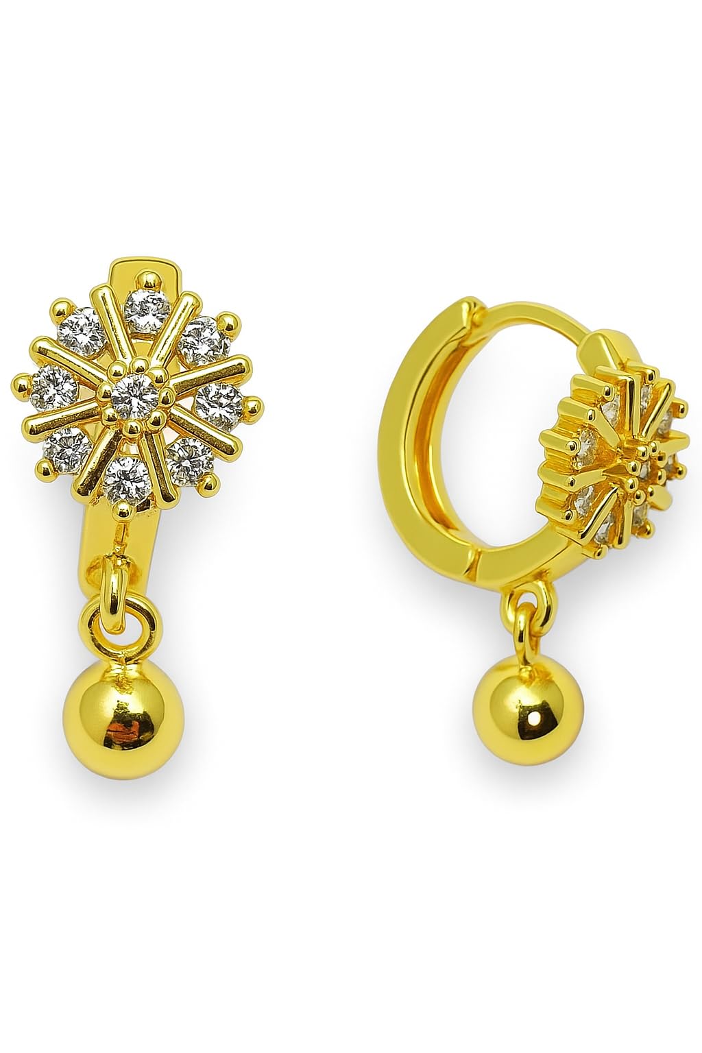 Floral CZ Stud Dangler Earrings for Women & Girls | Gold-Tone Snowflake Design with Drop Ball | Lightweight Fashion Jewelry for Daily & Festive-image-10