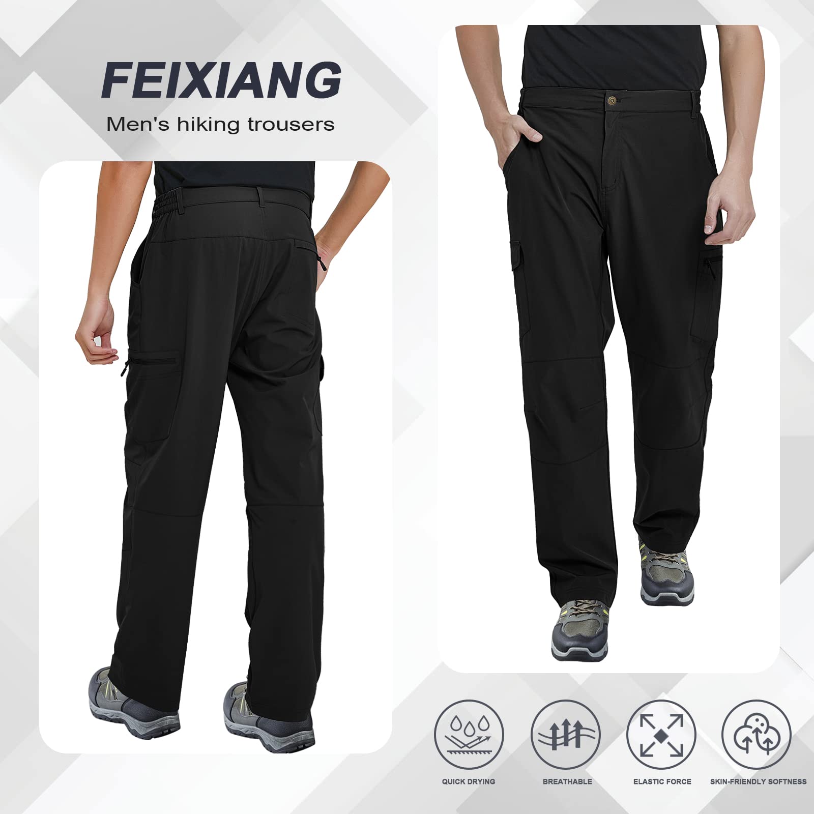 FEIXIANG Pantaloni da trekking per uomo, pantaloni tattici impermeabili ad asciugatura rapida, pantaloni da lavoro multi-tasca, colore nero grande