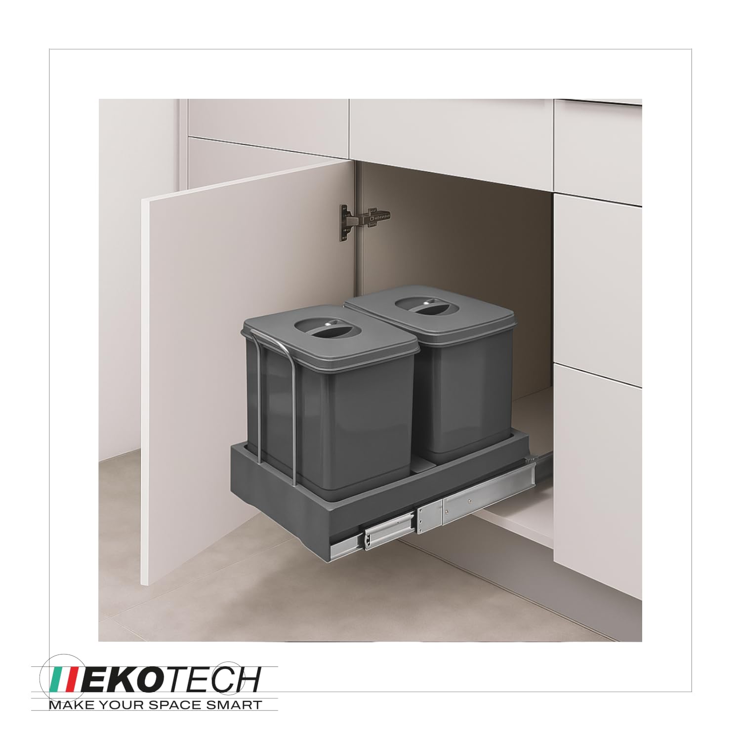 Abfallsammler Auszug 2fach | 2×15 L Einbau Mülleimer für Küchenunterschrank | Mülltrennung als Vollauszug montiert | Abfalltrennsystem in Kunststoff Oriongrau | Schrank-Abfallsystem 30 L (2x 15 Liter)