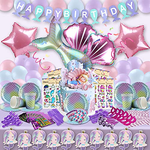 Mermaid Birthday Decorations Party Supplies Set 267 Pcs Mermaid Theme Birthday Party Decorations Kit for Girls and Boys with Aluminum Foil balloons, Banner, Tableware, Mermaid Stickers, Balloons, Mermaid Eye Masks etc Mermaid Party Favors for Girls B