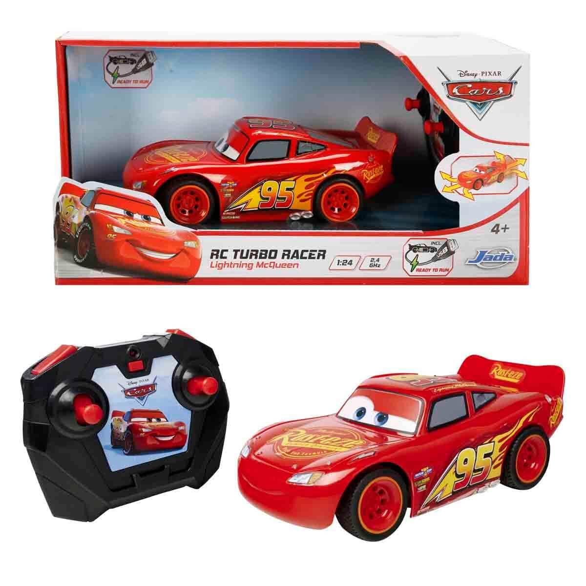 Jada Toys RC Cars 3 Lightning McQueen Turbo Racer, RC Auto, ferngesteuertes Auto mit 2-Kanal Fernbedienung, Spielzeugauto mit Turbofunktion, USB Ladefunktion, inkl. Batterien, Maßstab 1:24, 17 cm